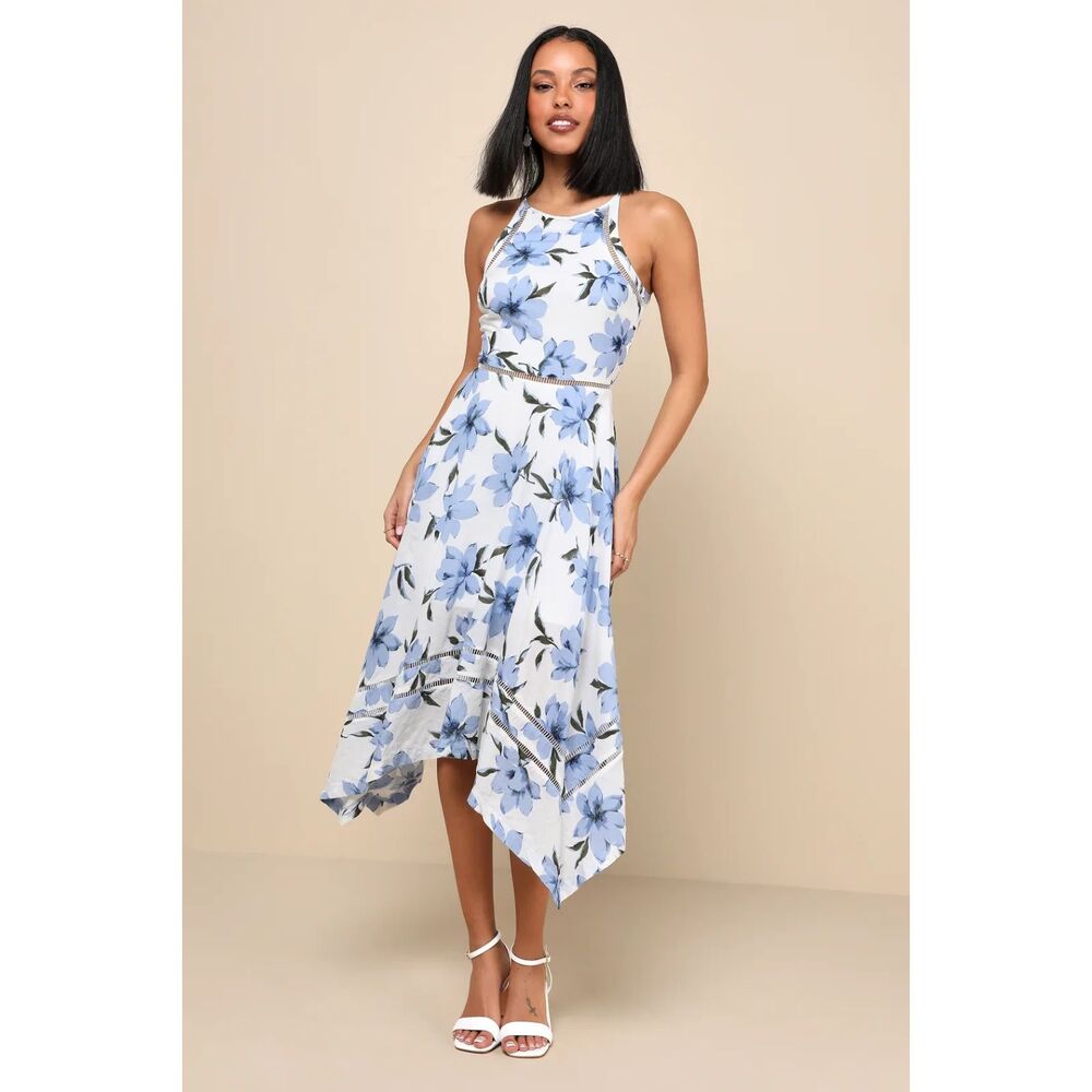 Lulu's Zahara blue and white floral midi dress, size M